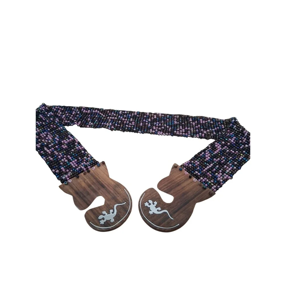 Y2k‎ Vintage Beaded Lizard Women's One Size Stretch Gypsy Wood Clasp Cinch Belt